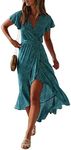 ZESICA Women's 2023 Bohemian Floral Printed Wrap V Neck Short Sleeve Split Beach Party Maxi Dress, Teal, Medium