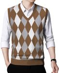 AIYINO Men's V Neck Sleeveless Jumpers Casual Slim Fit Argyle Sweater Vest Tank Top Sweater Vest with Ribbed Edge (UK Size Small Khaki)