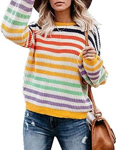 ZESICA Women's 2024 Fall Long Sleeve Crew Neck Striped Color Block Casual Loose Knitted Pullover Sweater Tops, Yellow, Small