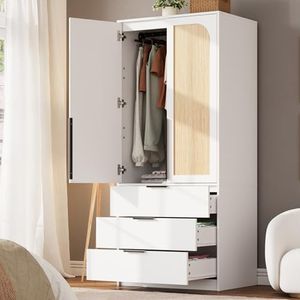 GarveeHome Armoire Wardrobe Closet, 69.5" Wooden Wardrobe Cabinet with 3 Drawers, Hanging Rod, 2 Doors Clothing Storage Cabinet for Bedroom, Large Capacity Storage, Rattan Door, White