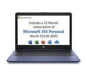 HP Stream Laptop PC 11-ak0029sa - Intel Celeron N4120 Processor - 4 GB RAM - 64 GB eMMC - 11 inch HD 16:9 Display - Windows 11 Home - Royal Blue - Microsoft 365 Personal 12 Months Included