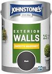 Johnstone's, Exterior Smooth Masonry Paint, Black, Up to 15 Years Protection, Weather & Dirt Resistant, 60m² Coverage Per Tin, Dry in 1-2 Hours, 5L