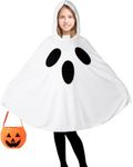 Oskiner Ghost Costume for Adults,White Ghost Poncho Hooded Cape with Pumpkin Bag,Spooky Halloween Costume for women