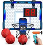 HYES Basketball Hoop Indoor, Mini Basketball Hoop with 7 LED Lighting, Mini Hoop with Electronic Scoreboard, 3 Modes, Remote Control, Over Door Basketball Hoop, Basketball Toys for Kids, Adults, Blue