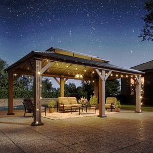 Aoxun 12' x 20' Outdoor Wood Gazebo, Hardtop Gazebo Permanent Wooden Pavilion with Galvanized Steel Double Roof, and LED Outdoor Waterproof Hanging Lights, for Patio, Garden, Deck, Cedar Wood