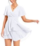 PCEAIIH Women's Cocktail Dresses Short Sleeve Empire Skater Dress Deep V-Neck Waist Tie Ruffle Mini Swing Dresses XL White