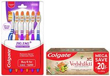 Colgate Swarna Vedshakti Ayurvedic Cavity Protection, Bad Breath Treatment Toothpaste - 400gm & ZigZag Manual Toothbrush for adults, Pack of 6 Medium Multicolour Soft Tooth brush