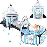 SISTICKER 3pc Ball Pit for Toddlers Kids Play Tent with Tunnel Pop Up Tent for Kids Indoor and Outdoor White Rocket Ship Playhouse Toys for Boys and Girls (Space Tent 3 in 1)