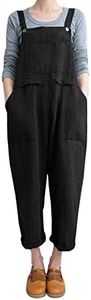 Gihuo Women's Fashion Baggy Loose Linen Overalls Jumpsuit Oversized Casual Sleeveless Rompers with Pockets (Black, XX-Large)