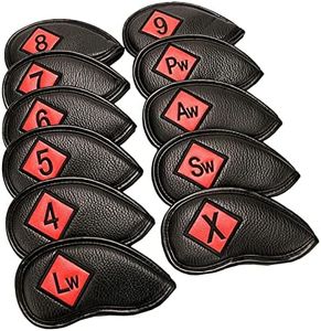 F Fityle 11Pieces Waterproof Leather Golf Iron Head Covers Set Club Headcover with Number Applique for Easy Recognition Sticker Closure Protection Accessory - Black+Red