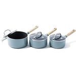 GreenPan Mayflower Healthy Ceramic Non-Stick 6-Piece Saucepan Set with Lids, Vintage Wood Handle, PFAS-Free, Induction, Smoky Blue, Blue