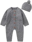 Hadetoto Newborn Baby Sweater Romper Knitted Sweater Long Sleeve Jumpsuit Outfits with Warm Hat, Grey