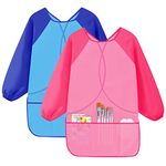 Cozlly 2PCS Kids Art Aprons for Age 7-12 Years Girls Boys, Kids Art Smock Toddler Children, Artist Painting Aprons Long Sleeves with 3 Pockets, Waterproof Play Apron for Painting, Craft, School (B)