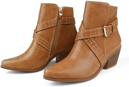 JOY IN LOVE Ankle Boots for Women Low Chunky Heel Zipper Booties, Brown Matte, 9