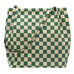 Corduroy Tote Bags for Women Reusable Grocery Shopping Shoulder Go-to Everyday Bag with Canvas Lining for Work Travel,Checkered Green