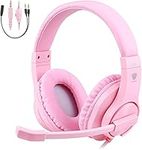 BlueFire Gaming Headset Bass Stereo Over-Ear Gaming Headphone, Kids Headphone with Microphone and Volume Control for Study, Online Course, Compatible with PC/Phones(Pink)