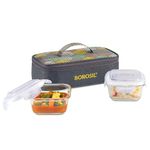 Borosil Foodluck Olive Lunchbox with Bag | 3 pc Borosilicate Glass Square Container Set (320 ml Each) | Microwave & Dishwasher Safe, Leak Proof | Tiffin for Office, School, College | Horizontal, Green