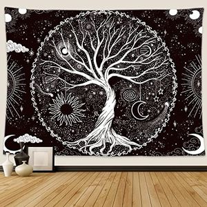 Wonrizon Tree of Life Tapestry,Black and White Galaxy Space Tapestries Aesthetic Psychedelic Wall Hanging decor for Living Room Bedroom (70.9" x 94.5")