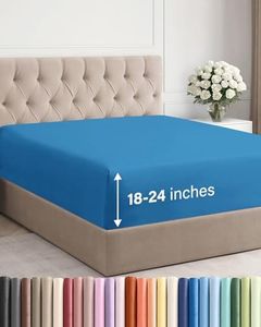 Extra Deep Cal King Fitted Sheet - Hotel Luxury Single Fitted Sheet Only - Easily Fits 18 inch to 24 inch Mattress - Ultra Soft, Wrinkle Free w/Extra Deep Pockets - Breathable & Comfy - Denim Blue