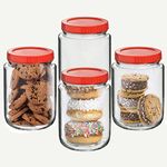 Vency Thick Glass Round Shape Transparent Glass Jars & Containers For Kitchen Storage With Red Color Plastic Lid (Set Of 4) (1000Ml Round Red Cap)