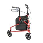 NRS Healthcare 3 Wheel Steel Rollator Walker Walking Aid with Bag, & Lockable Brakes, Folding & Height Adjustable – Red