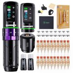 Dragonhawk L3 Tattoo Kit, Wireless Complete Tattoo Gun Kit Pen Machine, 7 Strokes Length, 2 Batteries 2,000mAh Power Supply with Extra Battery Rca Jack Part, Pro Tattoo Needles for Beginner (Purple)