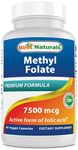 Best Naturals Methyl Folate 7500 mcg (7.5mg) (Most Bio-Available) Veggie Capsule - Supports Cell Formation Growth Function, Brain, Memory, Cardiovascular Health, 60 Count