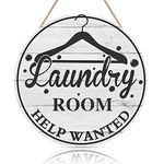 FWIEXA Laundry Room Help Wanted Rustic Wood Sign Plaque (12"x 12"), Wooden Wall Door Sign with hanger, Vintage Wooden Laundry Room Hanging Sign Decor for Laundry Room Wash House Farmhouse