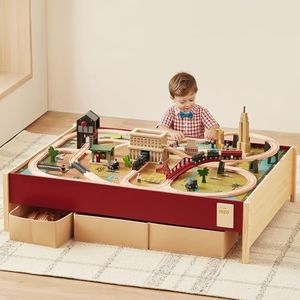 Tiny Land Large Wooden Train Table (48”x35”), 100PCS Train Set, 3 Storage Bins, Activity Playset for Kids Ages 3+
