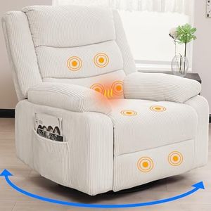 PrimeZone Swivel Rocker Recliner Chair- Oversized Rocking Glider Chair with Electric Massage Heat & USB Ports, Corduroy Reclining Chair for Living Room, Nursery, Bedroom, Home Theater, White