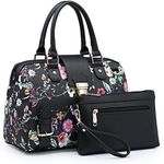 Dasein Women Barrel Handbags Purses Fashion Satchel Bags Top Handle Shoulder Bags Vegan Leather Work Bag Tote (Black Flower)