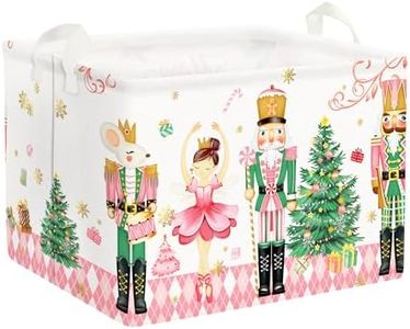 Clastyle 36L Large Christmas Tree Pink Nutcracker Diamond Plaid Shelf Basket with Handle Collapsible Rectangle Soldier Mouse Ballet Girl Toy Clothes Cube Storage Basket for Nursery