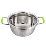 Contiup Stainless Steel Double-Handle Colander Deep Micro-Perforated 2.5 Quart Metal Food Strainer with Green Silicone Handles for Draining Pasta friuts Cleaning