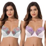 Curve Muse Womens Plus Size Minimizer Underwire Unlined Bra with Embroidery Lace-2Pack-Buttermilk,Orchid Tint-40DD (EU:90E)