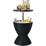 Giantex Cool Bar Table, 8 Gallon Beer and Wine Cooler, Rattan Style Patio Bar Tables, Height Adjustable, 3-in-1 Ice Cooler with Drainage Plug, Outdoor Cocktail Table for Deck Pool Party (Black)