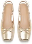Lhamo Latso Gold Ballet Flats 1 Inch Low Block Heel Ballerina Flat Comfortable Bow Dressy Flats Shoes for Women Satin 6.5