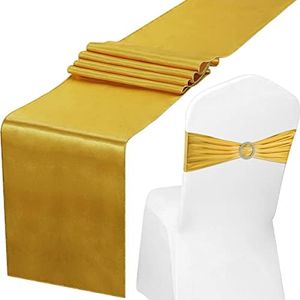 Tiamon 50 Pieces Spandex Chair Sashes with 11.8 x 108 Inch Satin Table Runner, Chair Band with Buckle Slider Chair Stretch Cover Band Bow for Wedding Hotel Banquet Birthday Christmas Party(Gold)