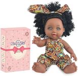 Nice2you Black Baby Doll, 10 inch American African Black Girl Doll with Dress, Realistic Reborn Baby Doll for Kids Aged 2 3 4 5 6, Silicone Small Black Doll Toy with Curly Hair for Birthday