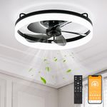 APPOLYN Ceiling Fans with Lights, 20" Flush Mount Ceiling Fan and Remote, Modern Dimmable LED Bladeless Ceiling Fan for Bedroom, Stepless Color Temperature Change and 6 Speeds, Single Layer, Black