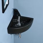 bathivy 17" x 13" Black Wall Mount Bathroom Corner Sink with Pop-up Drain, Small Corner Bathroom Sink, Triangle Porcelain Ceramic Above Counter Mini Vanity Vessel Sink, Wall Hung Floating Wash Basin