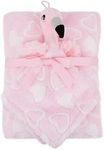 June Garden Cozy Dream Fleece Baby Security Blanket and Plush Blanket Gift Set - Infants Nursery Swaddling Bed Blankets - 15" x 15" Lovey and 30" x 38" Blanket - Stuffed Flamingo Animal Plush - Pink