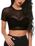 Avidlove Mesh Crop Tee See Thru Shirts Short Sleeve Sexy Sheer Tops for Women Black M