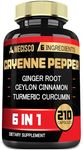 210 Capsules - 6in1 Cayenne Pepper Powder Capsules with Organic Turmeric Curcumin Root, Black Pepper, and More - Support Digestion System, Circulation Health, Immunity Function, and Joint Health