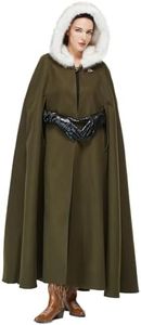 BEAUZSUZSANA Women Renaissance Cloak Medieval Cape with Faux Fur Hooded for Halloween Cosplay (Moss Green-140cm,15% Wool)
