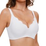 GXOULRRA Wavy Wireless V Neck Bras for Women No Underwire Padded Bralettes Adjustable Straps Plunge Bra with Bra Extender-White-XL