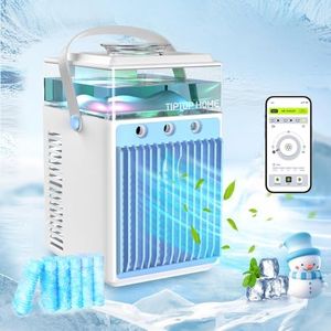 Aire Acondicionado Portatil, Mini Aire Acondicionado Portatil Silencioso, 5 en 1 Climatizador Evaporativo, Enfriador de Aire, 3 Velocidades, 3 Modos de Pulverización, LED de 7 Colores