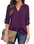 Timeson Women's Casual Chiffon V Neck 3/4 Sleeve Blouse Tops, Magenta, M