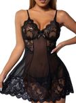 Bunanphy Women Lingerie Set Lace Babydoll Chemise Night Dress Sleepwear Nightwear with G-String #A Black Small