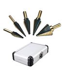 Mengshen Step Drill 5-Piece Set British System 1/4-1-3/8" 3/16-7/8" 1/4-3/4" 1/8-1/2" 3/16-1/2", High Speed Steel HSS Titanium Coated Triangle Shank HSS Multifunction Pagoda Drill