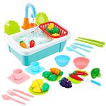 deAO 28pcs Pretend Wash-up Kitchen Sink Play Set Includes Cutting Toys, Kitchenware, Water Faucet & Drain– Great for Kids